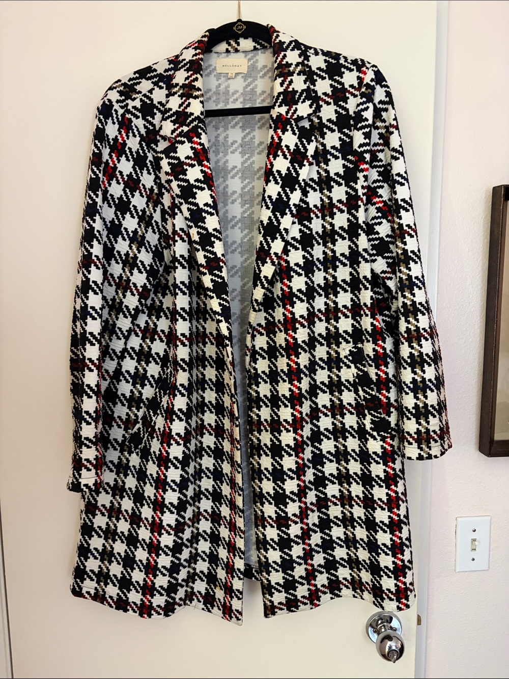 MELLODAY Black, White & Red Houndstooth Open-Front Blazer